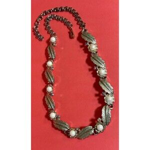 Vintage Signed LAGUNA Silver Tone Leaf, AB & Pearl Like Stone Necklace